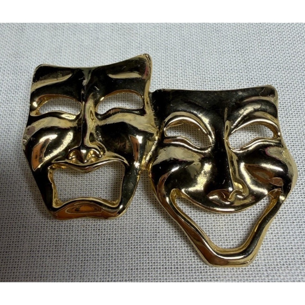 Gold Tone Comedy Tragedy Theater Actor Drama Masks Brooch Pin Vintage‎ Movie